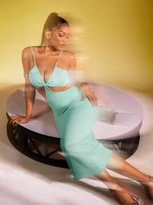 Zyxie Women Summer Solid Color Waist Cutout Slim Strappy Dress - Green - View 5