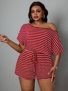 SHEIN PETITE CURVE 大码女式连体衣，休闲条纹连体衣，夏季女式连衣裙连体裤，短裤女式连体衣 - 紅色 - 查看 3