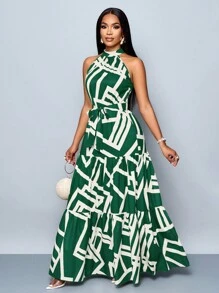 Vestido maxi con estampado integral, escote halter, fluido, con cinturón, para vacaciones (floral aleatorio) - Verde - Ver 6