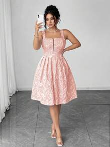 Elenzga Đầm hai dây họa tiết vải jacquard cổ chữ V cỡ lớn cho nữ, thiết kế eo, phong cách nghỉ dưỡng thường ngày - Màu Hồng baby - Xem 1