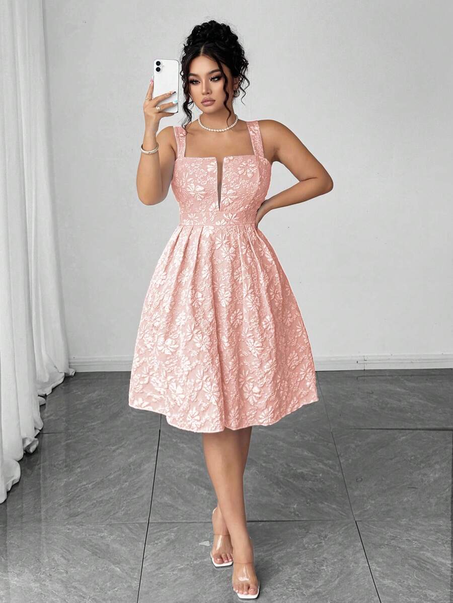 Elenzga Đầm hai dây họa tiết vải jacquard cổ chữ V cỡ lớn cho nữ, thiết kế eo, phong cách nghỉ dưỡng thường ngày - Màu Hồng baby - Xem 1