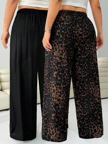 SHEIN EZwear Plus Size Women Casual Loose Drawstring Wide Leg Pants Leopard Pants Lounge Pants - Multicolor - View 2