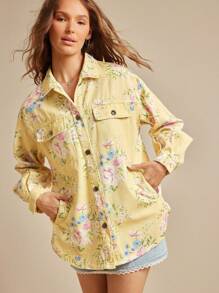 WESTFADE 花卉印花领口纽扣前长袖超大牛仔夹克秋季、秋季、冬季、波西米亚风、可爱、西部风女装，纳什维尔乡村音乐会 - 黃色 - 查看 2