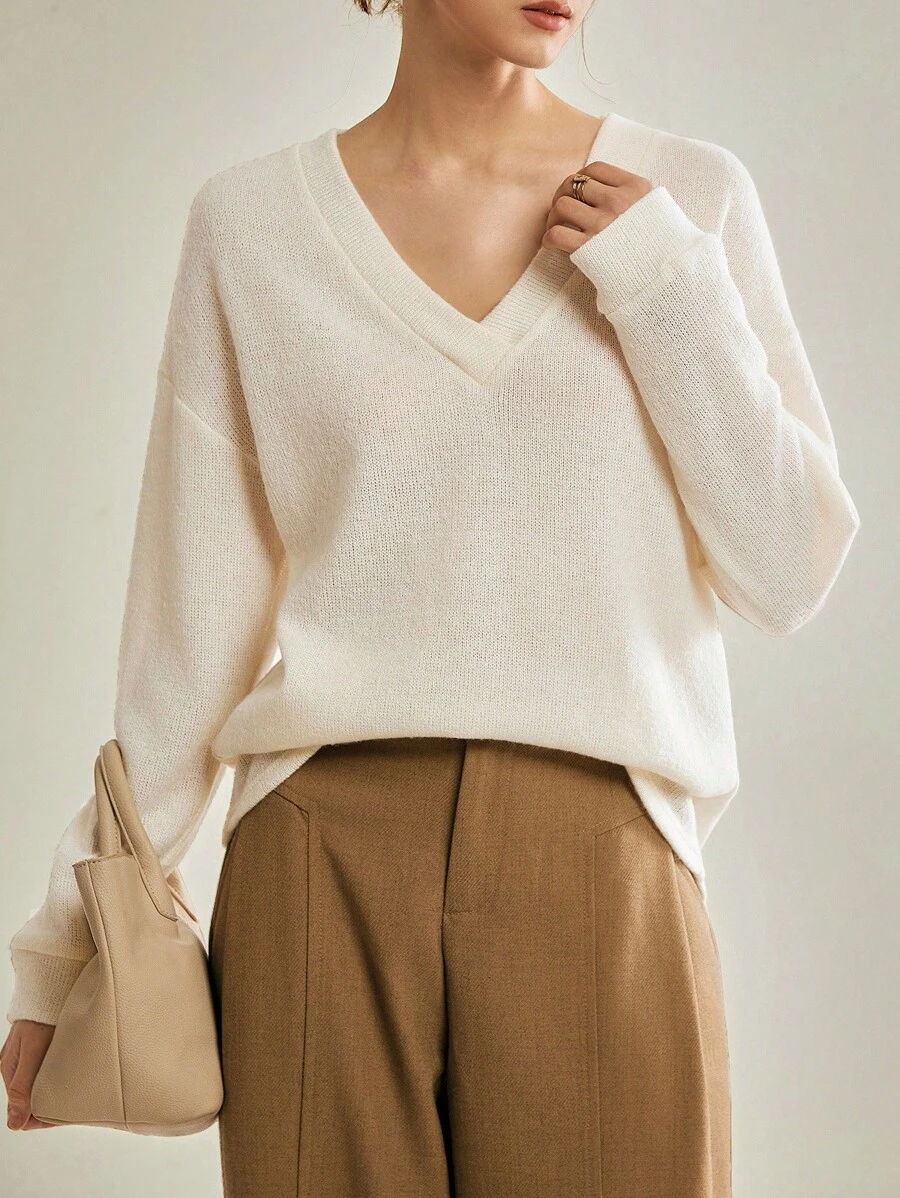 Lymera 女士白色优雅商务休闲简约百搭纯色奶油色V领长袖基础针织衫毛衣，适合秋冬季节女性外出、派对、圣诞节、感恩节、新年等场合穿着。 - 杏色 - 查看 1