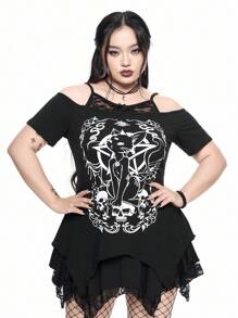 ROMWE Goth Gyaru 风格夏季海滩节女式狂欢街头服饰，哥特风格猫星骷髅印花不对称下摆露肩蕾丝吊带背心宽松大码 T 恤