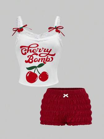 2 pezzi/set Top a canottiera con spaghetti, inserti in pizzo e stampa di ciliegie, e pantaloncini corti super arricciati con orlo arricciato, per ragazze in taglie oversize