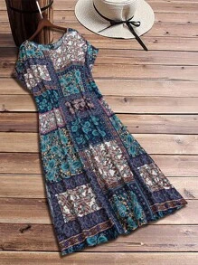 EMERY ROSE Plus Size Women's Vacation Style Patchwork Floral Print Side Slit Loose Long Beach Dress