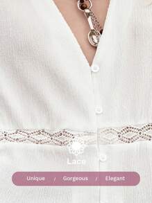 Lumivelle 新款夏季女装时尚宽松竖褶饰边V领衬衫，白色法式休闲蕾丝花边V领长袖开衫，春夏 - 白色 - 查看 8