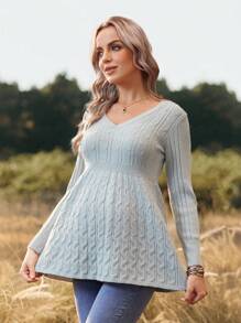 SHEIN Pull de maternité à manches longues en tricot câblé froncé de couleur unie - Gris - Voir 6