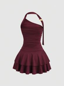 Sweetra New Design Halter Spiral Gold Decor Cinched Waist Cake Skirt Mini Dress For Women - Burgundy - View 2