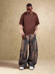 SUMWON 破洞阔腿 Y2K 牛仔裤，毛边缝线，适合节日、另类街头风，宽松牛仔裤，毛边拼接细节，纯色 - 藍色 - 查看 6