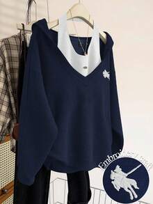 INAWLY 2 件套女式休闲露背背心和刺绣长袖衬衫套装 - 寶藍色 - 查看 1