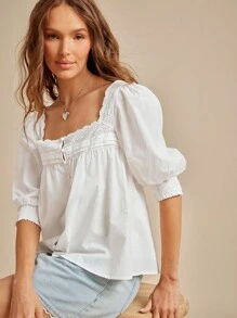 WESTFADE Áo Babydoll tay bồng cổ vuông cài nút phía trước, họa tiết hoa 100% cotton và lỗ xỏ dây thời trang mùa thu, trở lại trường, phong cách đồng quê cổ điển - trắng - Xem 1