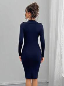 Momance Solid Color Button-Up Fitted Maternity Dress, Long Sleeve Dress - Blue - View 2
