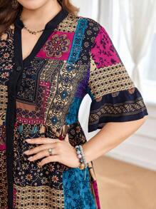 SHEIN Lacomfia Đầm dài thường ngày cổ chữ V in nhiều họa tiết cỡ lớn cho nữ - Nhiều màu - Xem 5