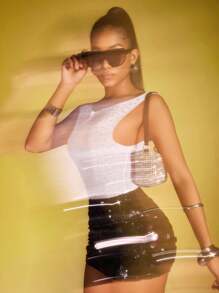 INAWLY Nightclub Fashion Rhinestone Net Boat Neck Bodycon Tank Top For Women - Grey - View 5