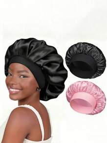 2 pezzi Cuffia di seta per dormire, cuffie per capelli in seta, cuffia da notte in seta con banda elastica morbida (nero e oro), accessorio per capelli ricci, decorazione estiva per casa e bagno