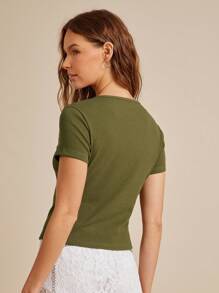 WESTFADE Rib Knit Crewneck Short Sleeve Cowgirl Buckle T-Shirt Summer Vacation Western Cowgirl Rodeo - Army Green - View 2