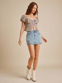 WESTFADE 纹理碎花印花甜心领蝴蝶结前短款泡泡袖飘逸上衣夏季纳什维尔度假乡村西部牛仔女牛仔音乐会 - 紫色 - 查看 4