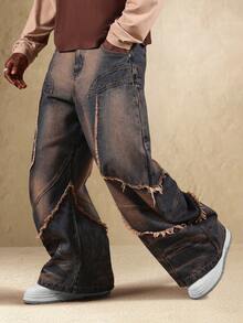 SUMWON 破洞阔腿 Y2K 牛仔裤，毛边缝线，适合节日、另类街头风，宽松牛仔裤，毛边拼接细节，纯色 - 藍色 - 查看 5