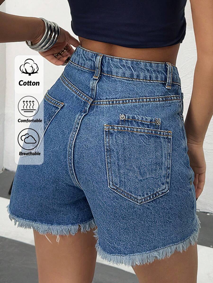EURMUSE Minimalist Fashion Casual Solid Color Brushed Denim Shorts Suitable For Daily Wear - Medium Wash - View 1