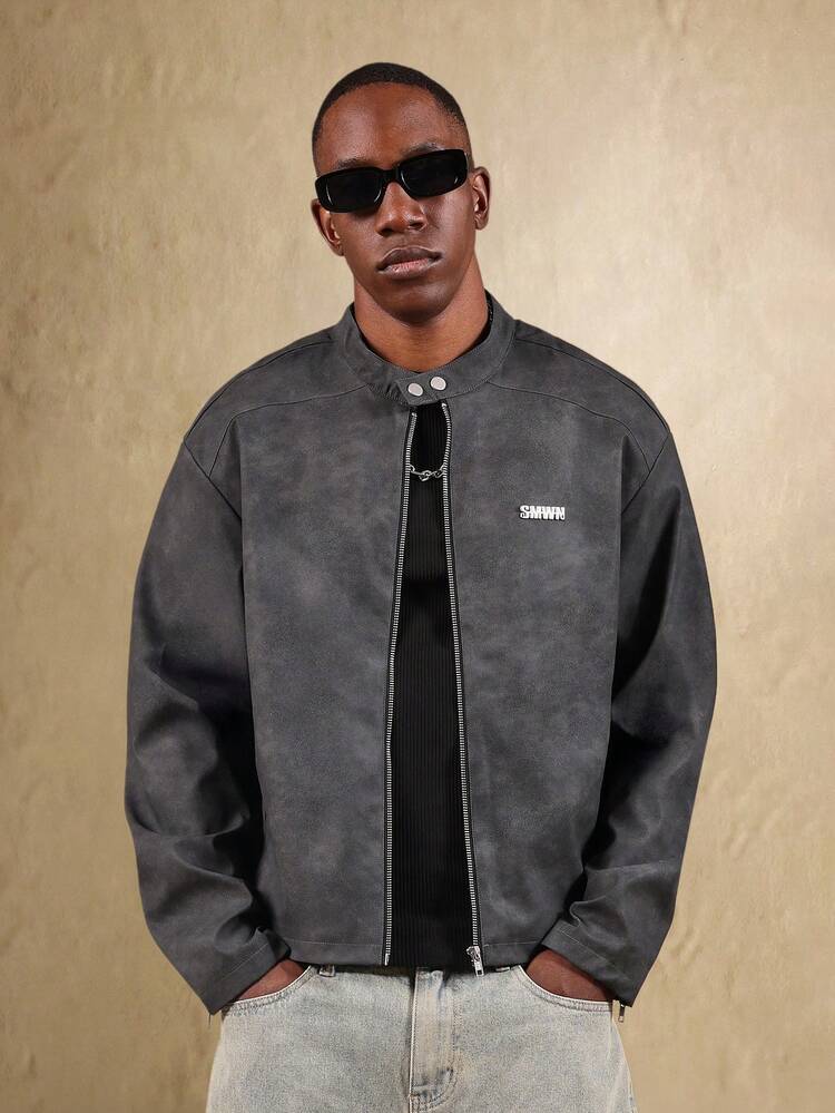 Faux Suede Bomber Jacket With Mandarin Collar