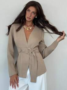 Aloruh 秋冬女士优雅纯色束腰西装外套 - 卡其色 - 查看 5