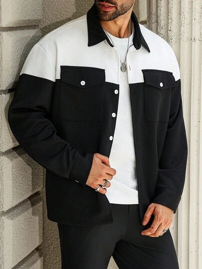 Manfinity Homme 加大码男士长袖休闲纹理面料撞色夹克黑白设计师款时尚外套，秋季款