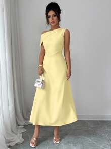 Modelyn Women's Yellow Asymmetrical Neck Waist Fitted Dress, Elegant - Yellow - View 3