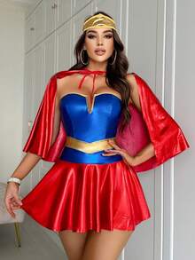 3 件套女超人深 V 人造皮革连衣裙 + 头饰 + 斗篷，修身拼接女式服装 - 彩色 - 查看 3