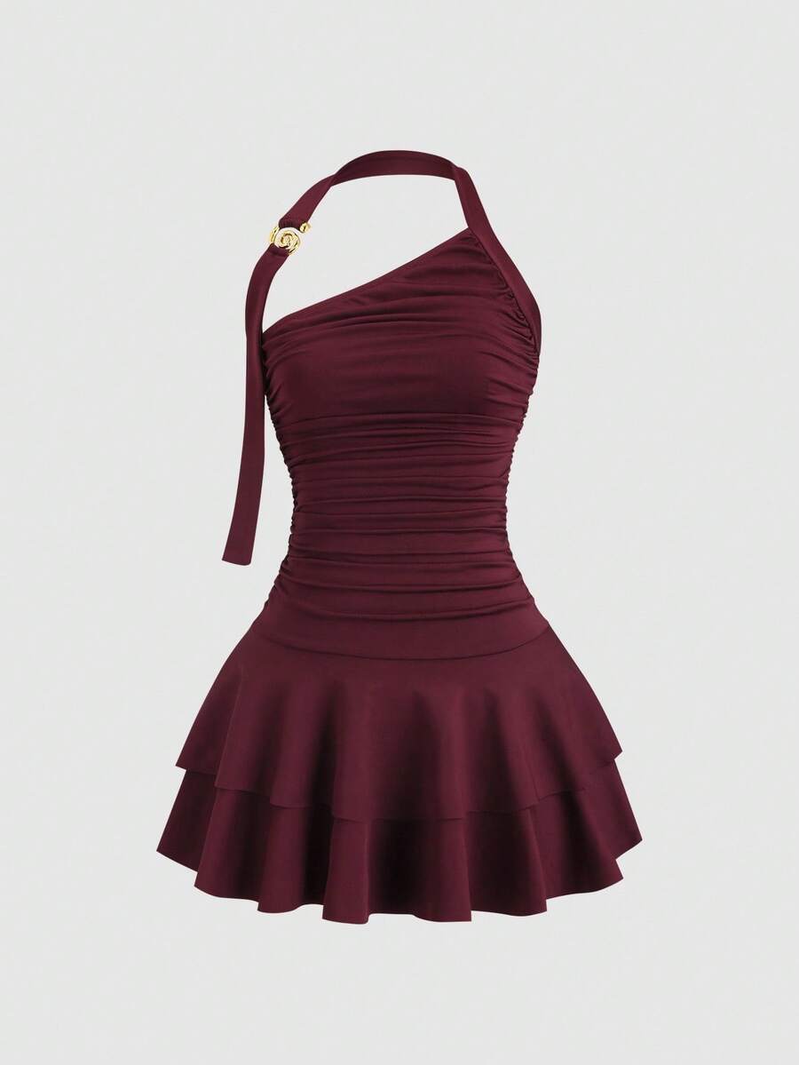 Sweetra New Design Halter Spiral Gold Decor Cinched Waist Cake Skirt Mini Dress For Women - Burgundy - View 1