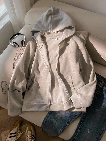 青少年（女孩）百搭休闲运动日常高街宽松连帽口袋落肩卫衣夹克