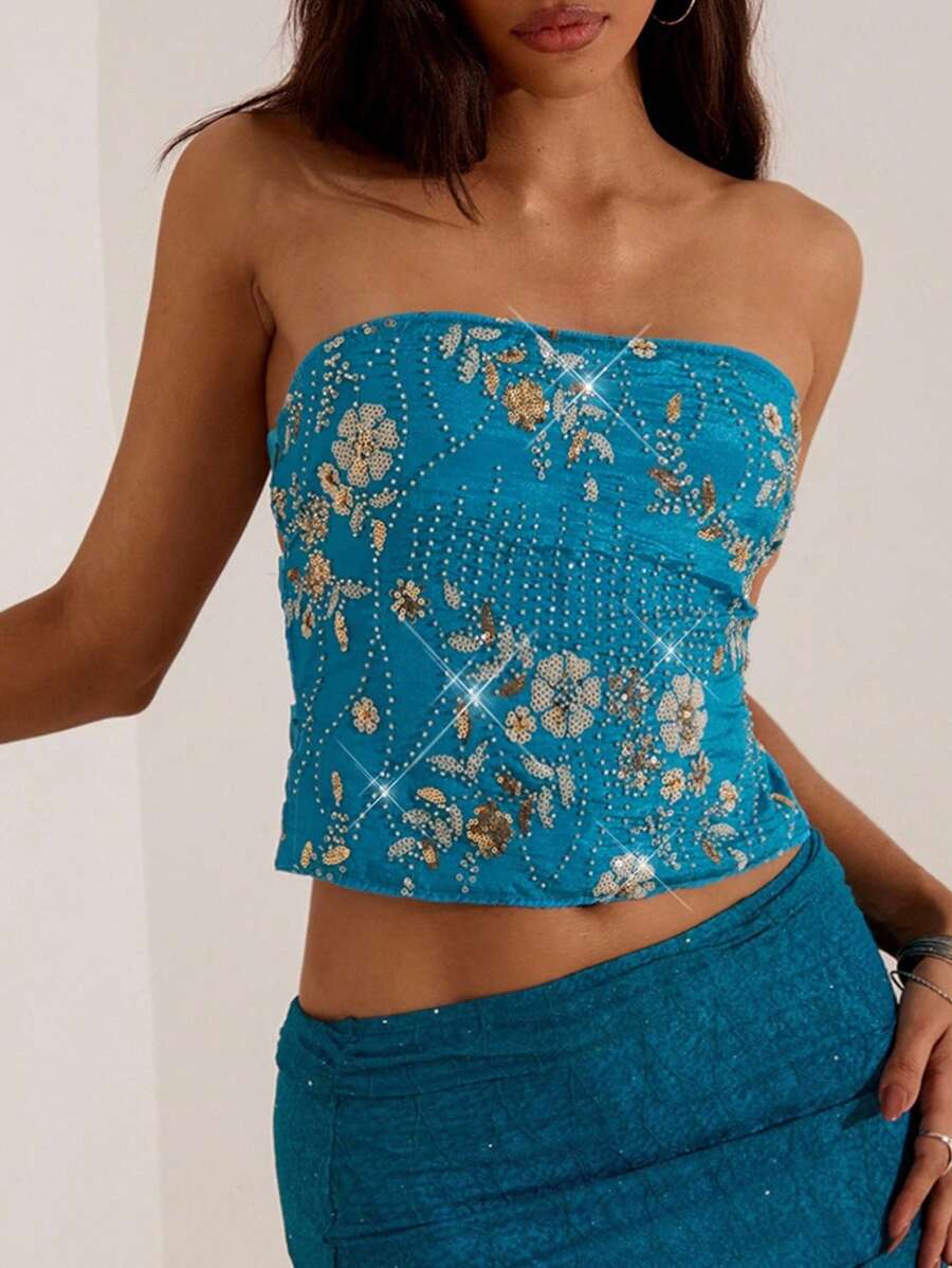 Opulessa Women's Sequin Decorated Floral Vintage Cropped Camisole Top - Purple - View 1