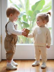 Souflis Souflis Baby Girl Fashion Simple Lace Badge Long Sleeve Round Neck Sweatshirt And Tie Waist Pants 2pcs Outfit Set, Suitable For Spring And Autumn, Daily Wear, Outings, College, Park, Playground Cream Baby Girl Outfit Baby Set Autumn Winter Season Toddler Cream Outfit - Apricot - View 4