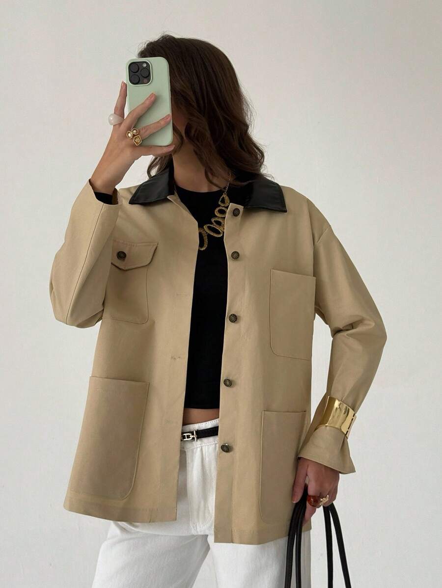 Aloruh Women's Casual Commuter Contrast Collar Regular Jacket In Fall/Winter - Khaki - View 1