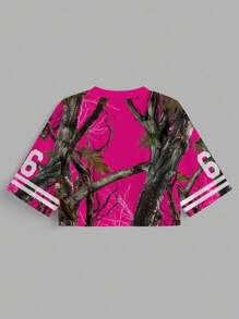 Slaydiva 大码女式休闲宽松 V 领 5/6 袖网眼 T 恤，带有极简主义数字 66、布鲁克林、粉色迷彩印花，适合夏季、运动、Y2K 和街头服饰 - 彩色 - 查看 2