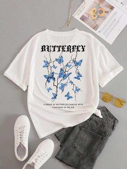 INAWLY Camiseta gráfica con mariposa y eslogan: "UN GRUPO DE MARIPOSAS BAILABA CON RELÁMPAGOS EN EL AIRE" Camisetas gráficas para mujer