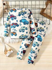 SHEIN 2pcs/Set Young Boy Snug Fit Casual Car Print Long Sleeve Top And Pants Pajama Set, Comfortable Soft Loungewear Suitable For All Seasons Fall Winter - Apricot - View 2