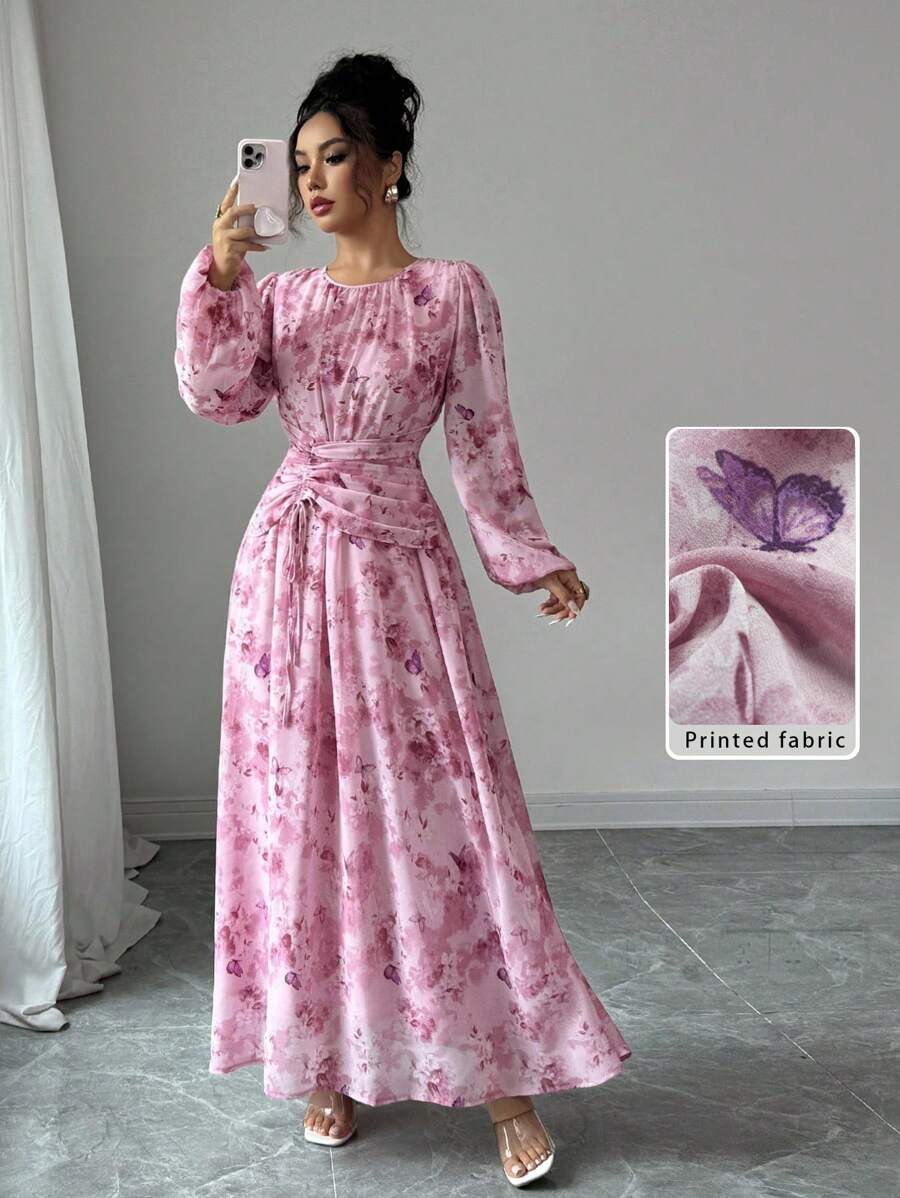 Modelyn Women's Summer Chiffon Butterfly Print Ruched Round Neck Long Sleeve Dress - Pink - View 1