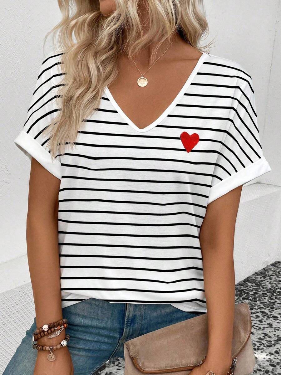 SHEIN Women's V-Neck Short Sleeve Loose Striped Heart Print Bestselling T-Shirt - Multicolor - View 1
