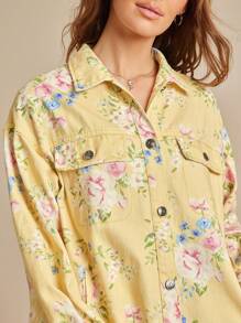 WESTFADE 花卉印花领口纽扣前长袖超大牛仔夹克秋季、秋季、冬季、波西米亚风、可爱、西部风女装，纳什维尔乡村音乐会 - 黃色 - 查看 4