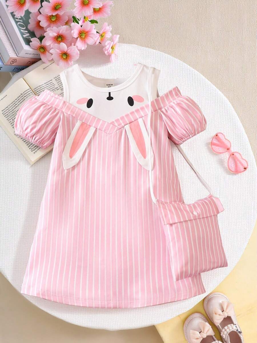 SHEIN 小女童條紋圖案3D兔耳朵挖肩連衣裙附包 - 彩色 - 查看 1