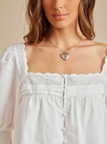 WESTFADE Áo Babydoll tay bồng cổ vuông cài nút phía trước, họa tiết hoa 100% cotton và lỗ xỏ dây thời trang mùa thu, trở lại trường, phong cách đồng quê cổ điển - trắng - Xem 3