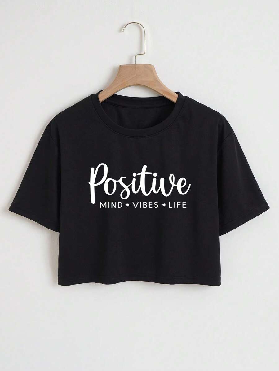 INAWLY Letter Graphic Crop Tee Graphic Tees Women Tops - Black - View 1