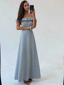 Aloruh New Vintage Braided Rope Off-Shoulder Design Waist-Cinching A-Line Dress - Dark Grey - View 3