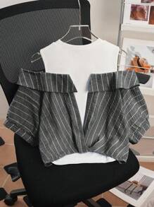 Franclia 女式条纹露肩T恤，二合一，夏季 - 黑色 - 查看 2