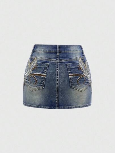 Plus Size Vintage Y2K Butterfly Embroidered Sexy Mini Skirt,Back To School