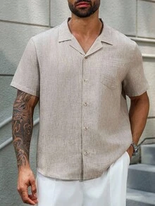 Manfinity Homme Camisa de manga corta de unicolor casual para hombre de talla grande, verano - Caqui - Ver 3
