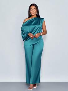 SOLERSUN 女士时尚纯色优雅褶皱不对称领口时尚精致蝙蝠袖不对称下摆缎面衬衫和直腿优雅长裤套装 - 水鴨藍 - 查看 6