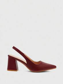 CUCCOO BIZCHIC 尖头粗高跟酒红色后带简约女士高跟鞋，简约镂空后跟女士正装鞋，适合日常、通勤和工作装 - 酒紅色 - 查看 2